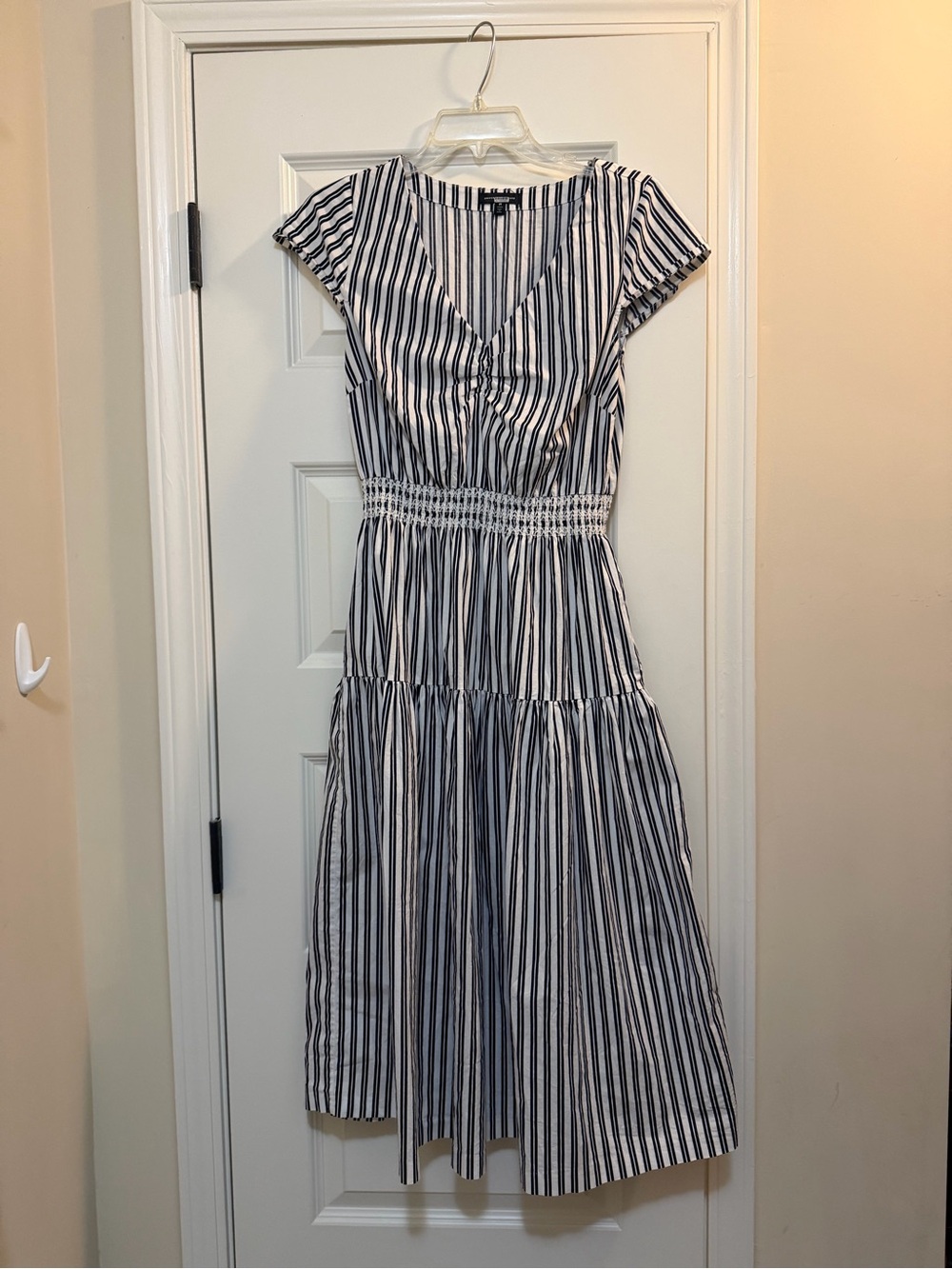 Universal Standard Navy and White Striped V-Neck Midi Dress